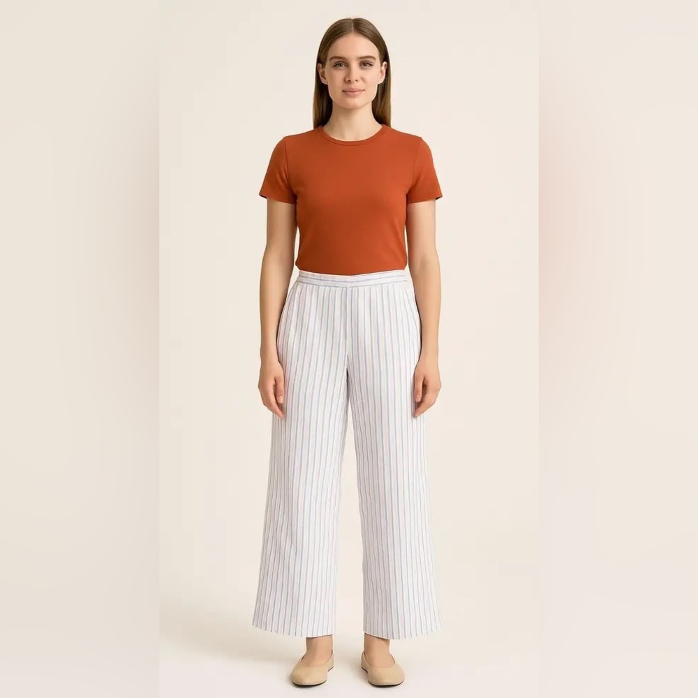 Martha Stewart NWT Coastal Beach Wide Leg 100% Linen Striped Pants Sz L